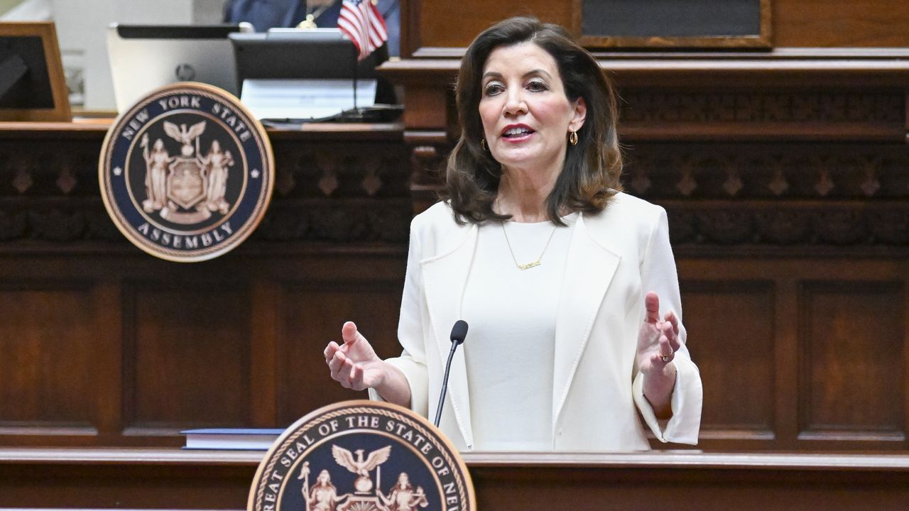 New York Gov. Kathy Hochul delivers her first State of the State address in the Assembly Chamber at the state Capitol, Wednesday, Jan. 5, 2022, in Albany, N.Y. (AP Photo/Hans Pennink, Pool)