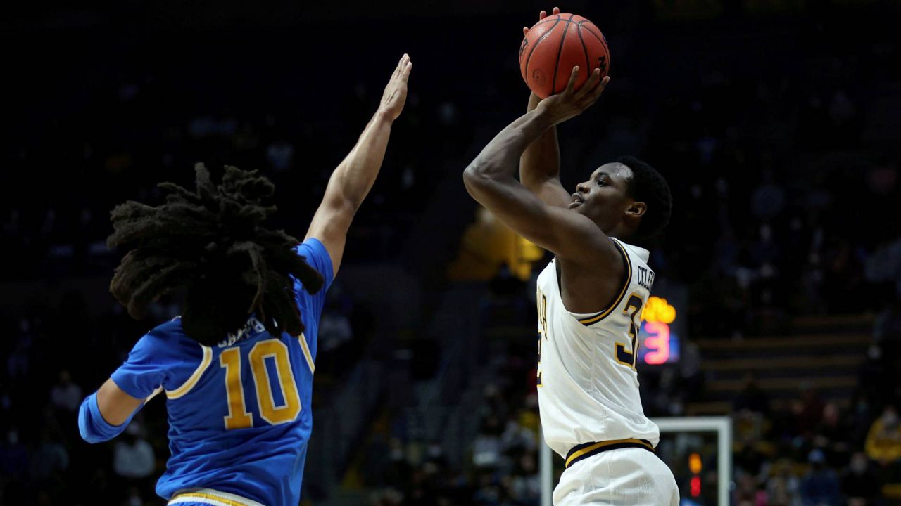 California guard Jalen Celestine (32) shoots against UCLA guard Tyger Campbell (10) during the first half of an NCAA college basketball game in Berkeley, Calif., Saturday, Jan. 8, 2022. (AP Photo/Jed Jacobsohn)