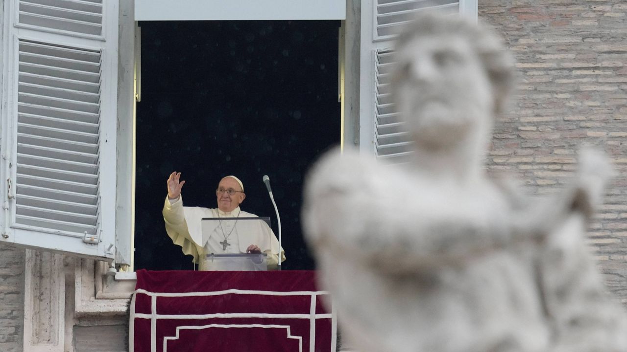 Pope Francis delivers the Angelus noon prayer in St.Peter's Square at the Vatican on Sunday. (AP Photo/Gregorio Borgia)