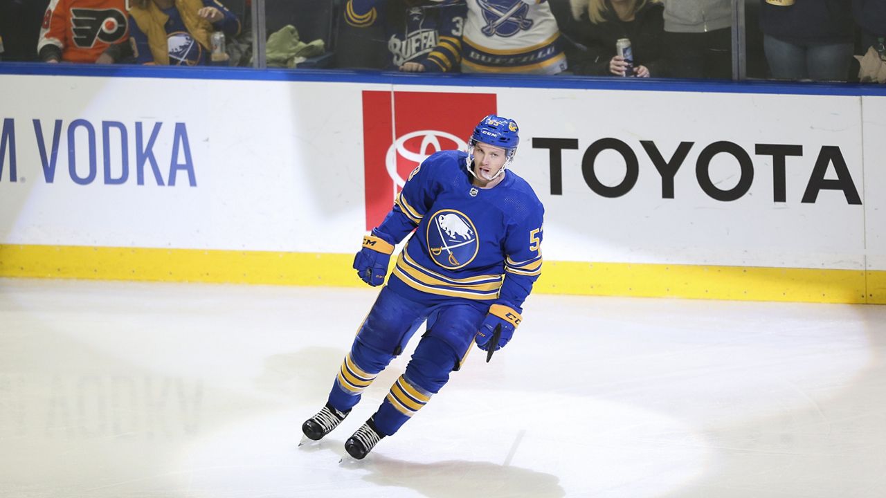 Buffalo Sabres left wing Jeff Skinner (53) celebrates his goal during the third period of an NHL hockey game against the Philadelphia Flyers on Saturday, Jan. 22, 2022, in Buffalo, N.Y. (AP Photo/Joshua Bessex)