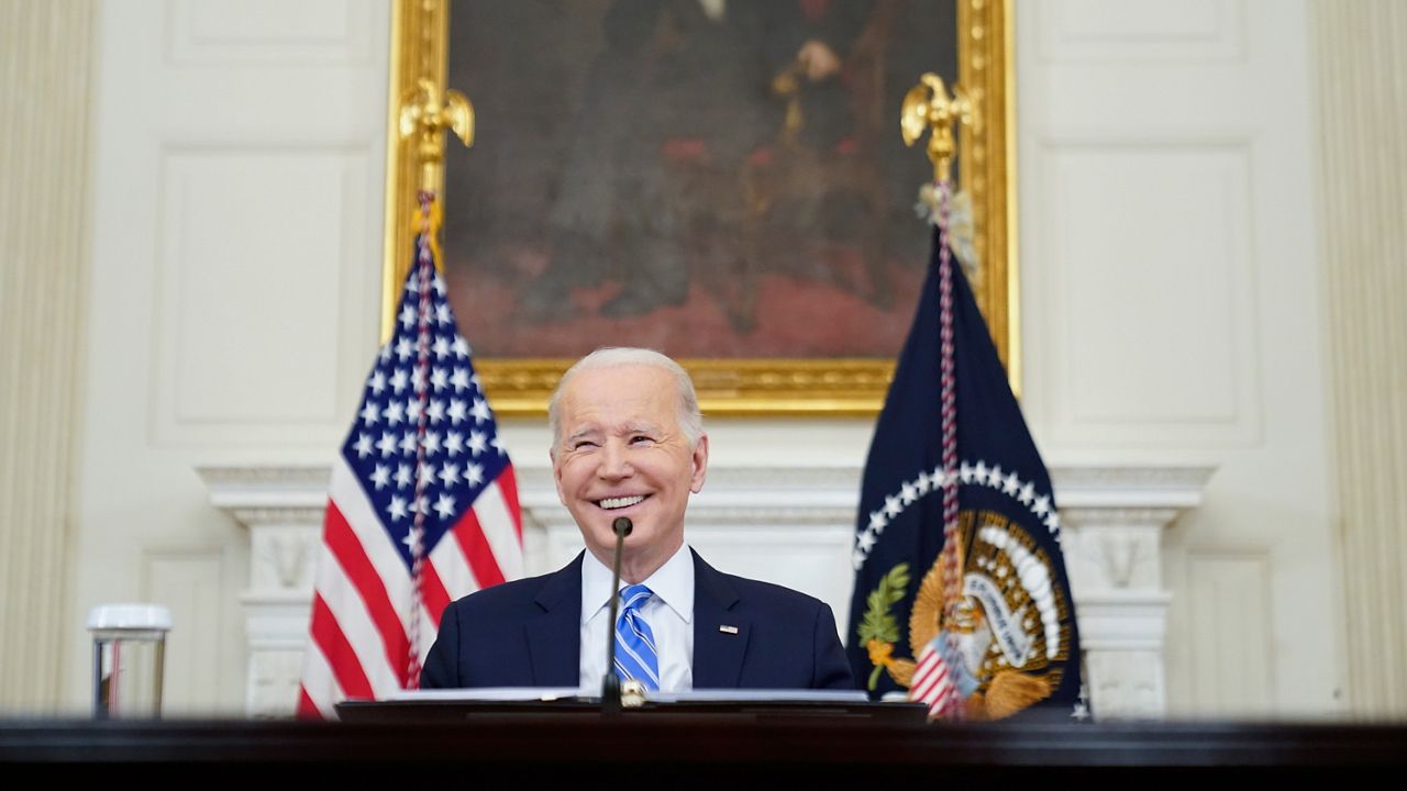 President Joe Biden speaks during a meeting with private sector CEOs about the economy in the State Dining Room of the White House in Washington, Wednesday, Jan. 26, 2022. (AP Photo/Andrew Harnik)