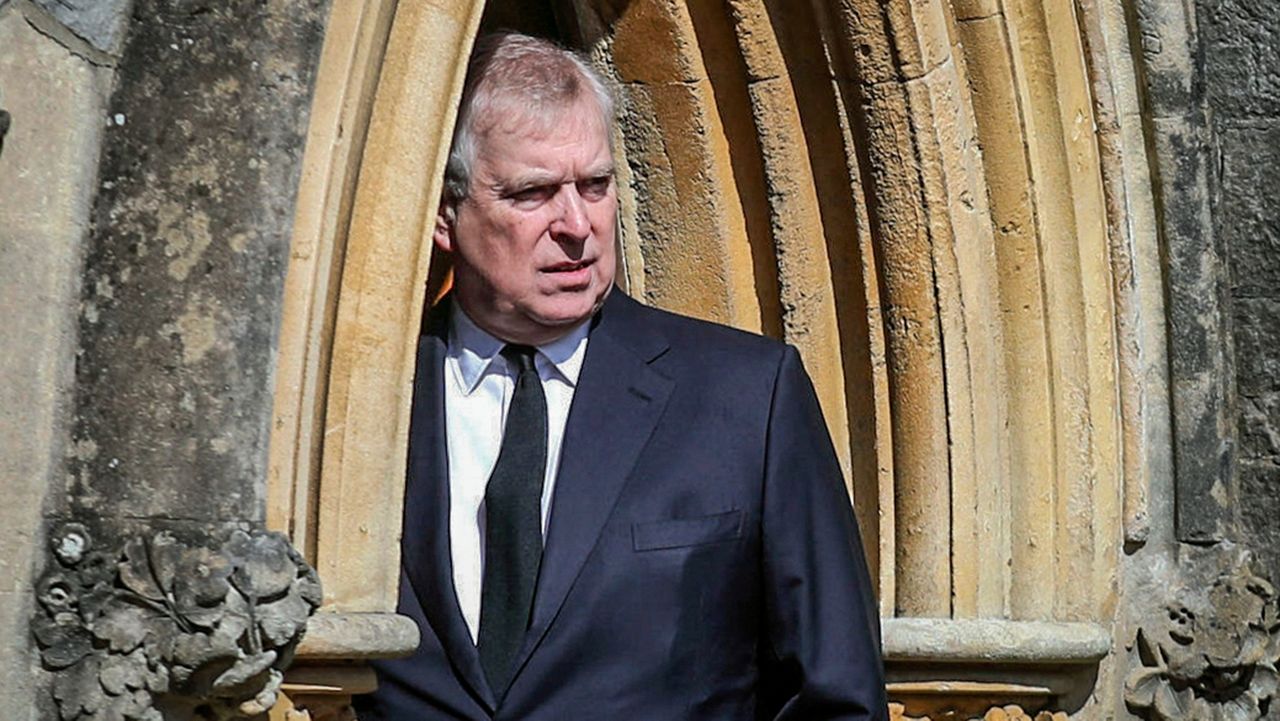 FILE - Britain's Prince Andrew appears at the Royal Chapel at Windsor, following the death announcement of his father Prince Philip, April 11, 2021, in England. (Steve Parsons/Pool Photo via AP, File)