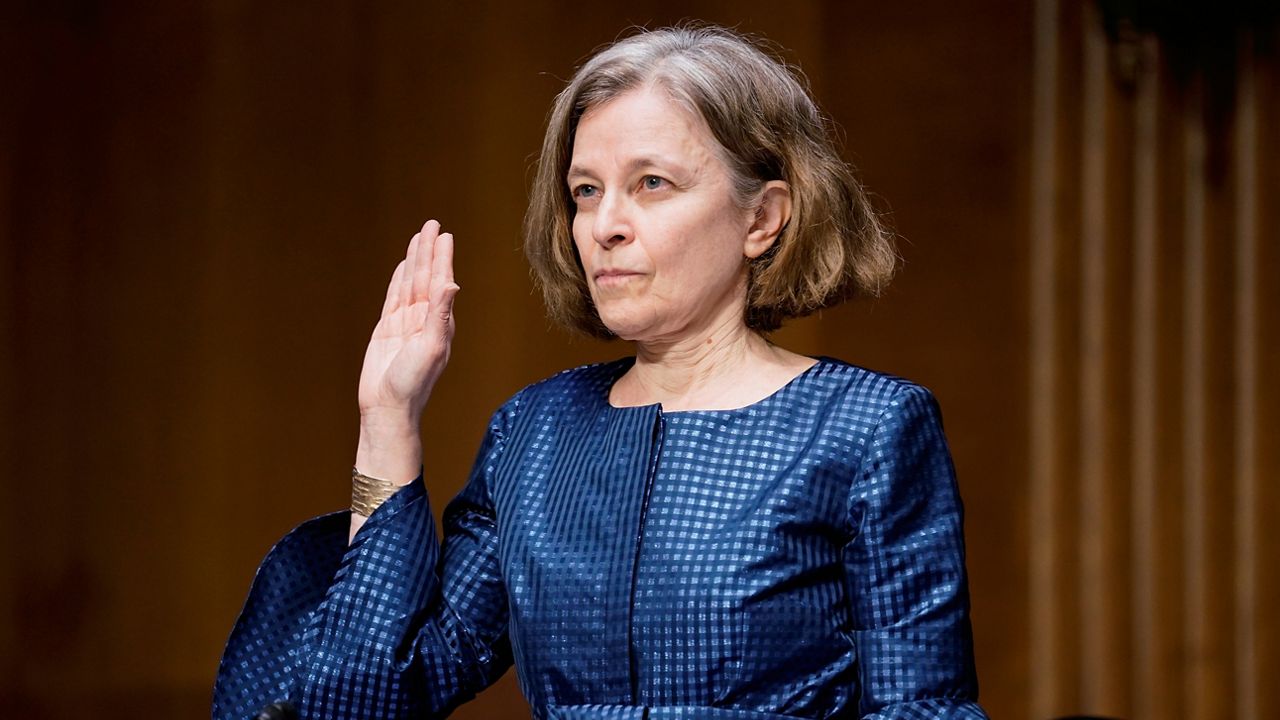 Sarah Bloom Raskin, a nominee to be the Federal Reserve's Board of Governors vice chair for supervision, is sworn in during the Senate Banking, Housing and Urban Affairs Committee confirmation hearing on Thursday, Feb. 3, 2022, in Washington. (Ken Cedeno/Pool via AP)