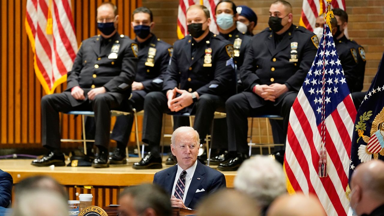 President Joe Biden speaks at an event with New York City Mayor Eric Adams and Gov. Kathy Hochul, D-N.Y., to discuss gun violence strategies, at police headquarters, Thursday, Feb. 3, 2022, in New York. (AP Photo/Alex Brandon)