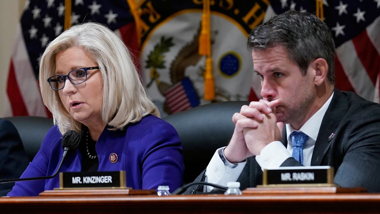 FILE - Rep. Liz Cheney, R-Wyo., and Rep. Adam Kinzinger, R-Ill., listen as the House select committee tasked with investigating the Jan. 6 attack on the U.S. Capitol meets on Capitol Hill in Washington, Oct. 19, 2021. (AP Photo/J. Scott Applewhite, File)