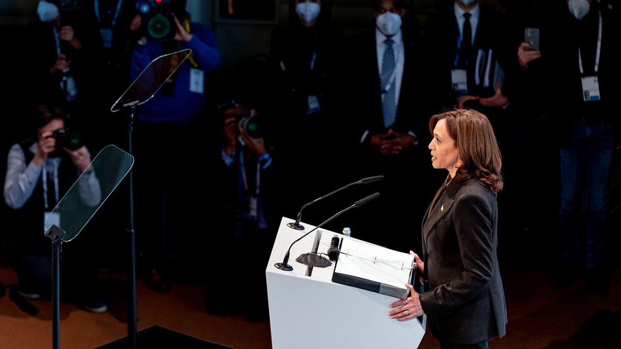 Vice President Kamala Harris speaks during a meeting with Estonia's Prime Minister Kaja Kallas, Latvian President Egils Levits, and Lithuanian President Gitanas Nauseda, during the Munich Security Conference in Munich, Friday, Feb. 18, 2022. (AP Photo/Andrew Harnik, Pool)