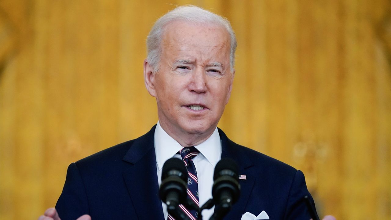 President Joe Biden speaks about Ukraine in the East Room of the White House, Tuesday, Feb. 22, 2022, in Washington. (AP Photo/Alex Brandon)