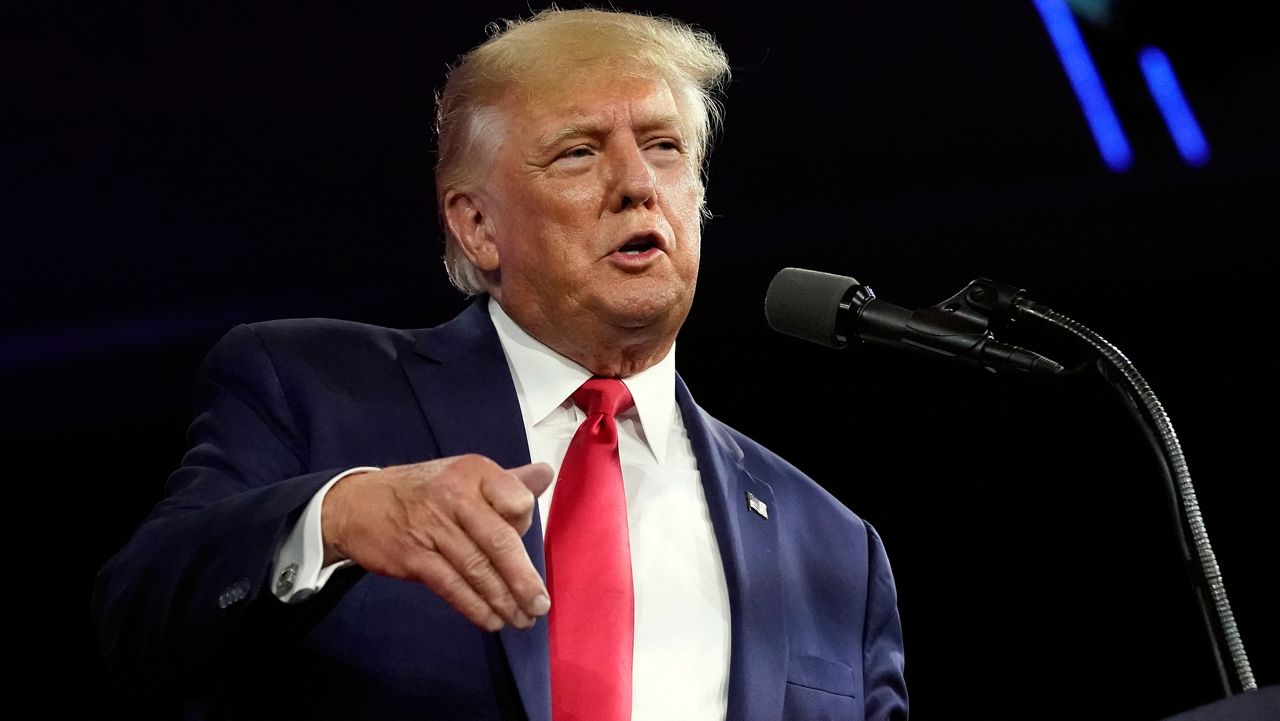 Former President Donald Trump, speaks at the Conservative Political Action Conference (CPAC) Saturday, Feb. 26, 2022, in Orlando, Fla. (AP Photo/John Raoux)