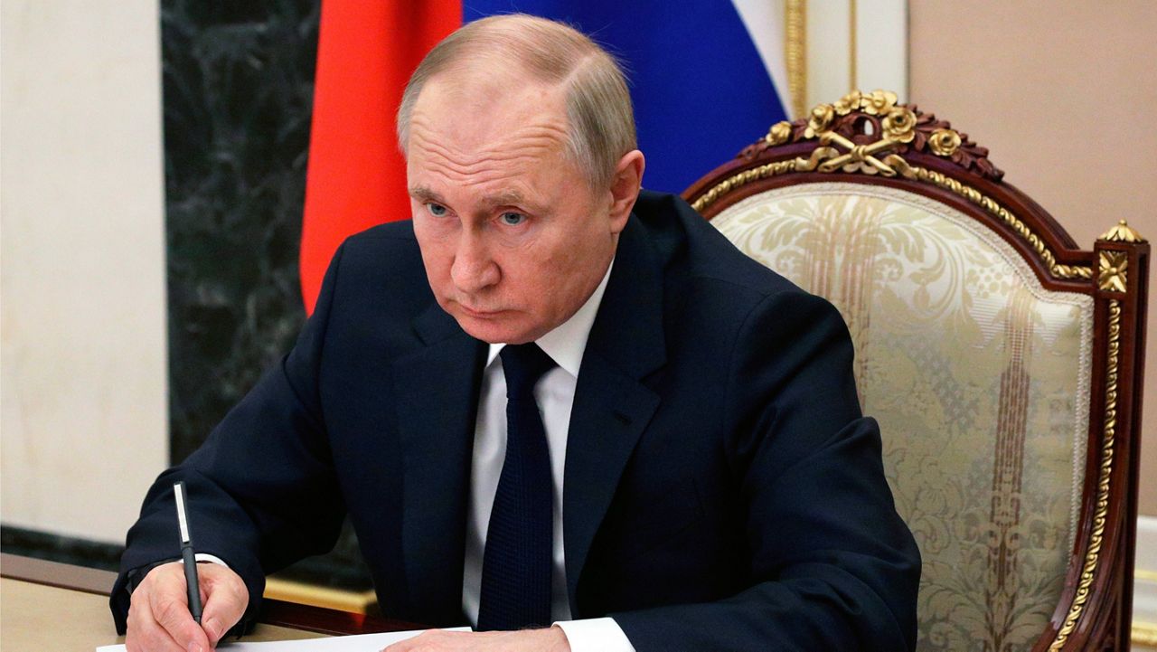 FILE - Russian President Vladimir Putin chairs a meeting Thursday with members of the government via teleconference in Moscow. (Mikhail Klimentyev, Sputnik, Kremlin Pool Photo via AP, File)