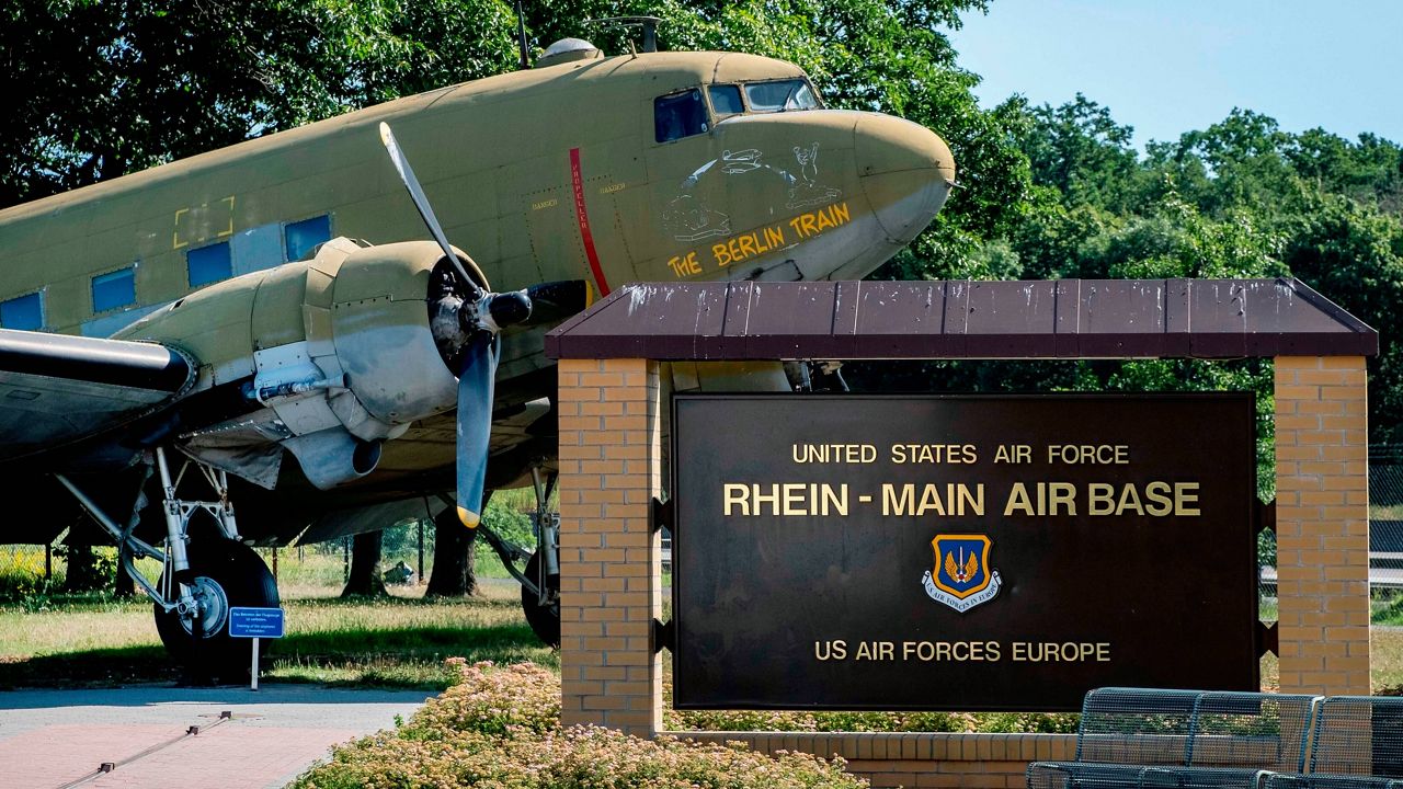 FILE -- An old so-called "raisin bomber" airplane from WWII is seen at the U.S. Rhein-Main Air Base in Frankfurt, Germany on June 24, 2020. (AP Photo/Michael Probst, File)