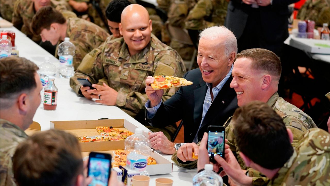 President Joe Biden visits Friday with members of the 82nd Airborne Division at the G2A Arena in Jasionka, Poland. (AP Photo/Evan Vucci)