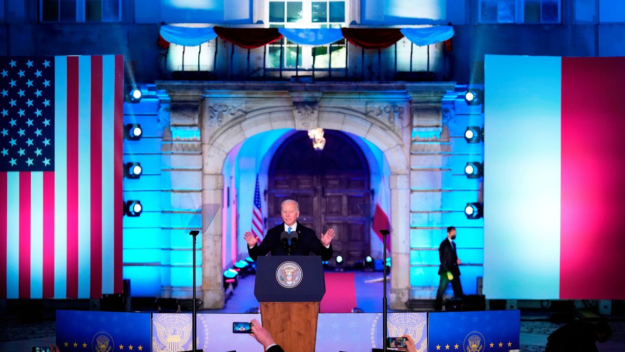 President Joe Biden delivers a speech at the Royal Castle in Warsaw, Poland, Saturday, March 26, 2022. (AP Photo/Petr David Josek)