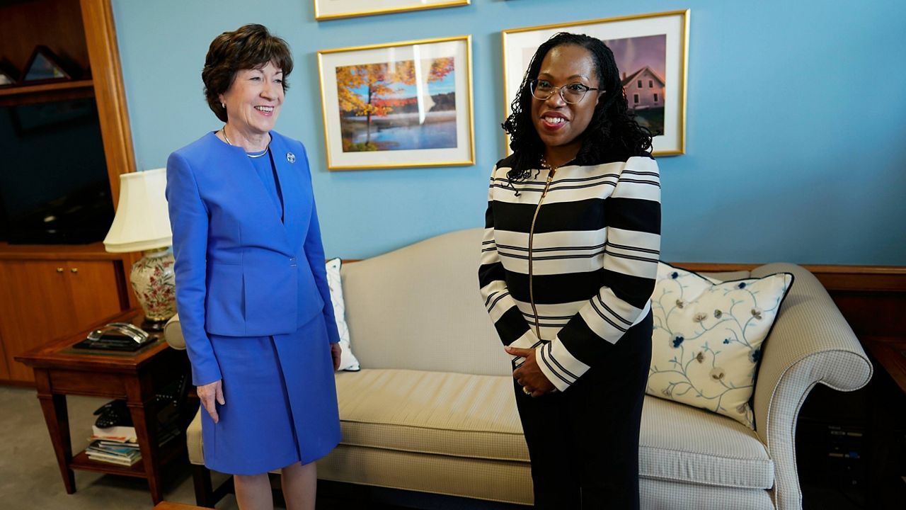 Supreme Court nominee Ketanji Brown Jackson meets with Sen. Susan Collins, R-Maine, on Capitol Hill on March 8. (AP Photo/Carolyn Kaster, File)