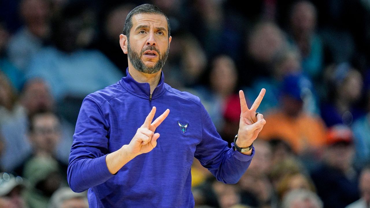 Charlotte Hornets head coach James Borrego calls a play during the first half of an NBA basketball game against the Washington Wizards on Sunday, April 10, 2022, in Charlotte, N.C. (AP Photo/Rusty Jones)