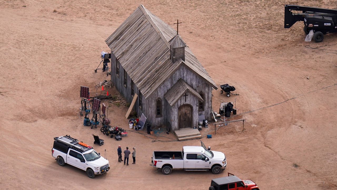 FILE - This aerial photo shows The Bonanza Creek Ranch, where the film "Rust" was being filmed, in Santa Fe, N.M. on Oct. 23, 2021. (AP Photo/Jae C. Hong, File)