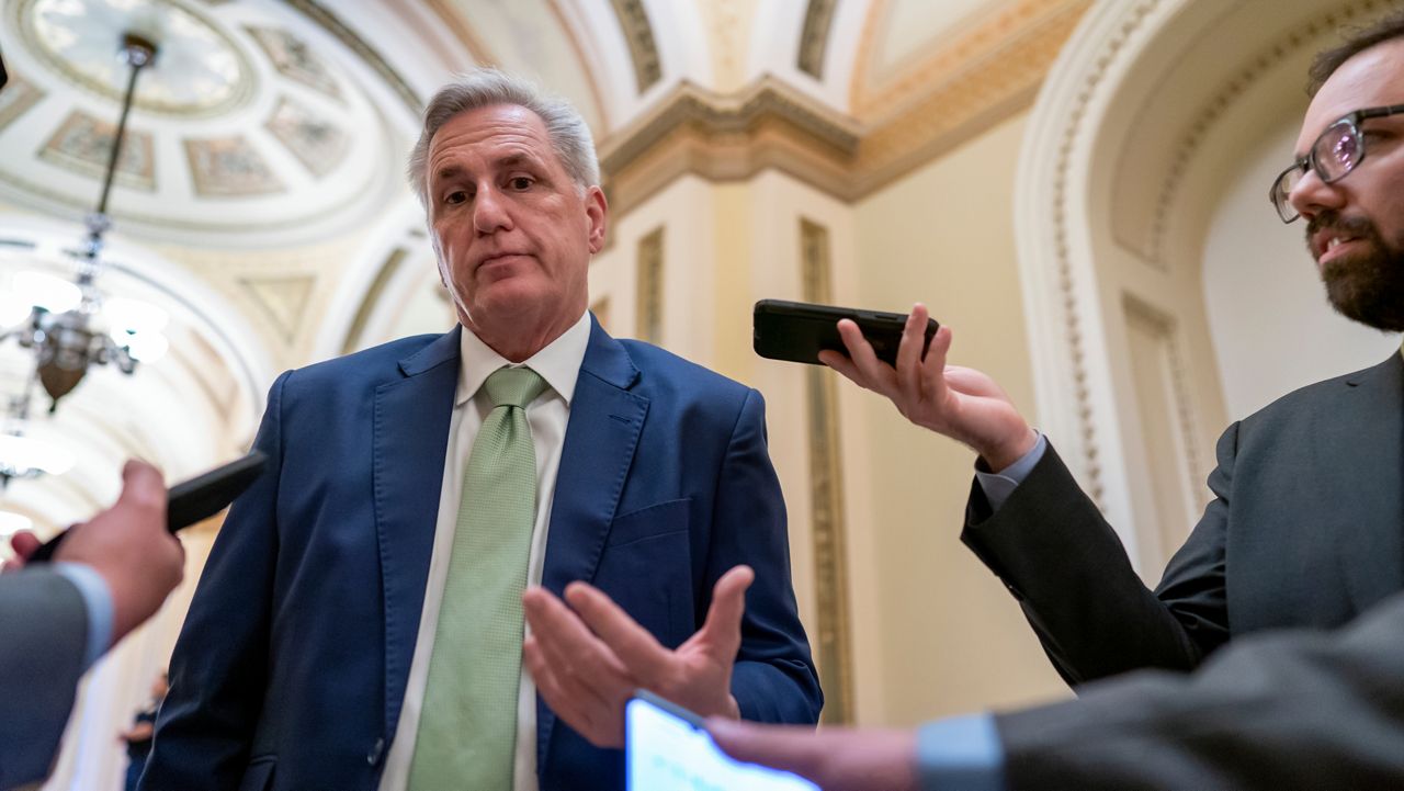 FILE - House Minority Leader Kevin McCarthy, R-Calif., talks to reporters at the Capitol in Washington, April 6, 2022. (AP Photo/J. Scott Applewhite, File)