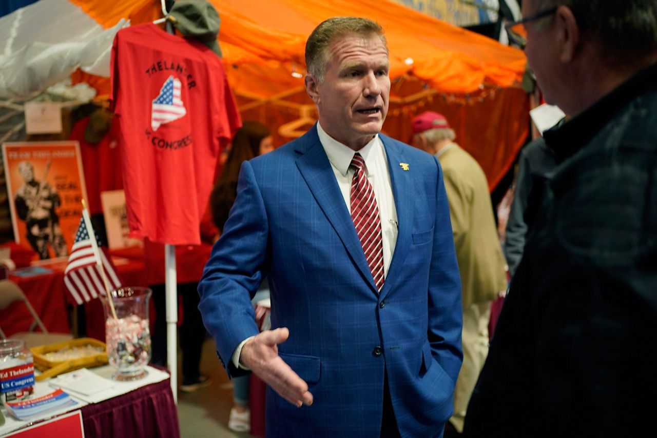 Ed Thelander, Republican candidate for Maine's 1st Congressional District, attends the Republican state convention, Saturday, April 30, 2022, in Augusta, Maine. (AP Photo/Robert F. Bukaty)