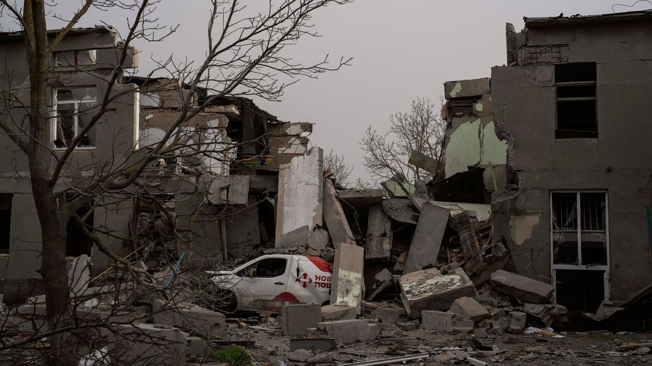 FILE - A damaged school following a Russian attack occurred at mid March, on the outskirts of Mykolaiv, Ukraine, on Friday, April 1, 2022. (AP Photo/Petros Giannakouris, File)