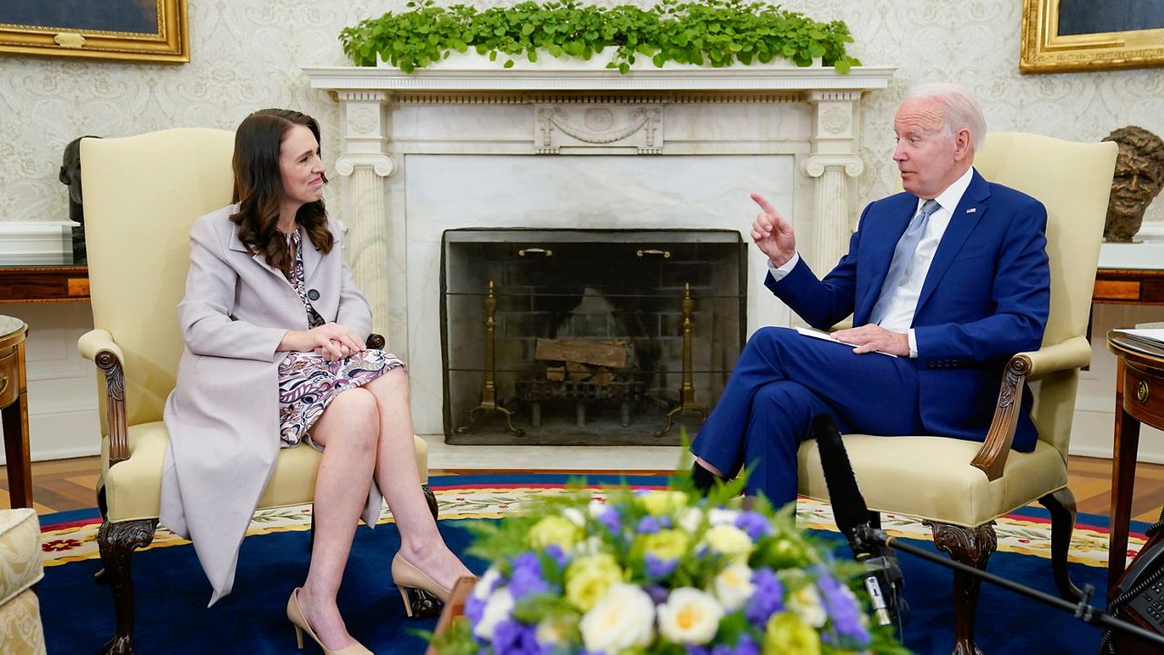 President Joe Biden meets with New Zealand Prime Minister Jacinda Ardern in the Oval Office of the White House, Tuesday, May 31, 2022, in Washington. (AP Photo/Evan Vucci)