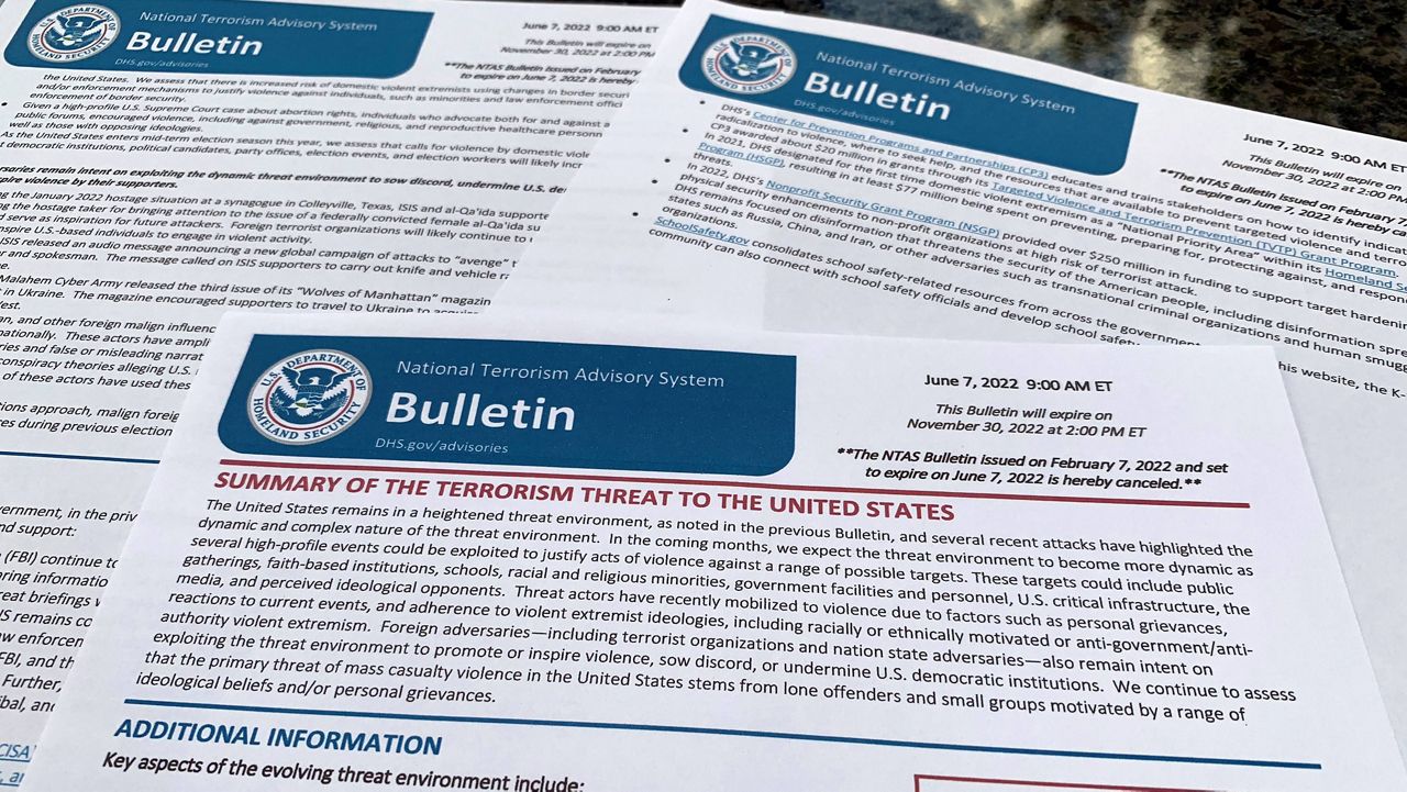The bulletin issued by the Department of Homeland Security, outlining the current terrorism threat to the United States, is photographed Thursday. (AP Photo/Jon Elswick)