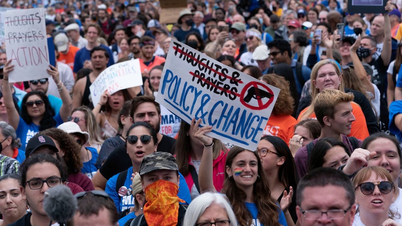 People participate in the second March for Our Lives rally in support of gun control Saturday, June 11, 2022, in Washington. (AP Photo/Jose Luis Magana)