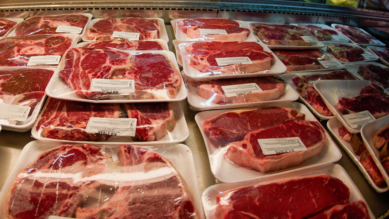 In this photo made on Thursday, June 16, 2022, rows of fresh cut beef is in the coolers of the retail section at the Wight's Meat Packing facility in Fombell, Pa. (AP Photo/Keith Srakocic)
