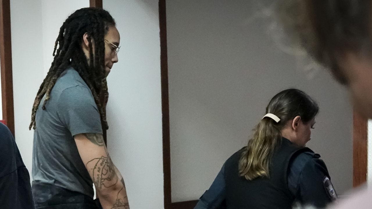 WNBA star and two-time Olympic gold medalist Brittney Griner leaves a courtroom after a hearing, in Khimki just outside Moscow, Russia, Monday, June 27, 2022. More than four months after she was arrested at a Moscow airport for cannabis possession, American basketball star Brittney Griner appeared in court Monday for a preliminary hearing ahead of her trial. (AP Photo/Alexander Zemlianichenko)
