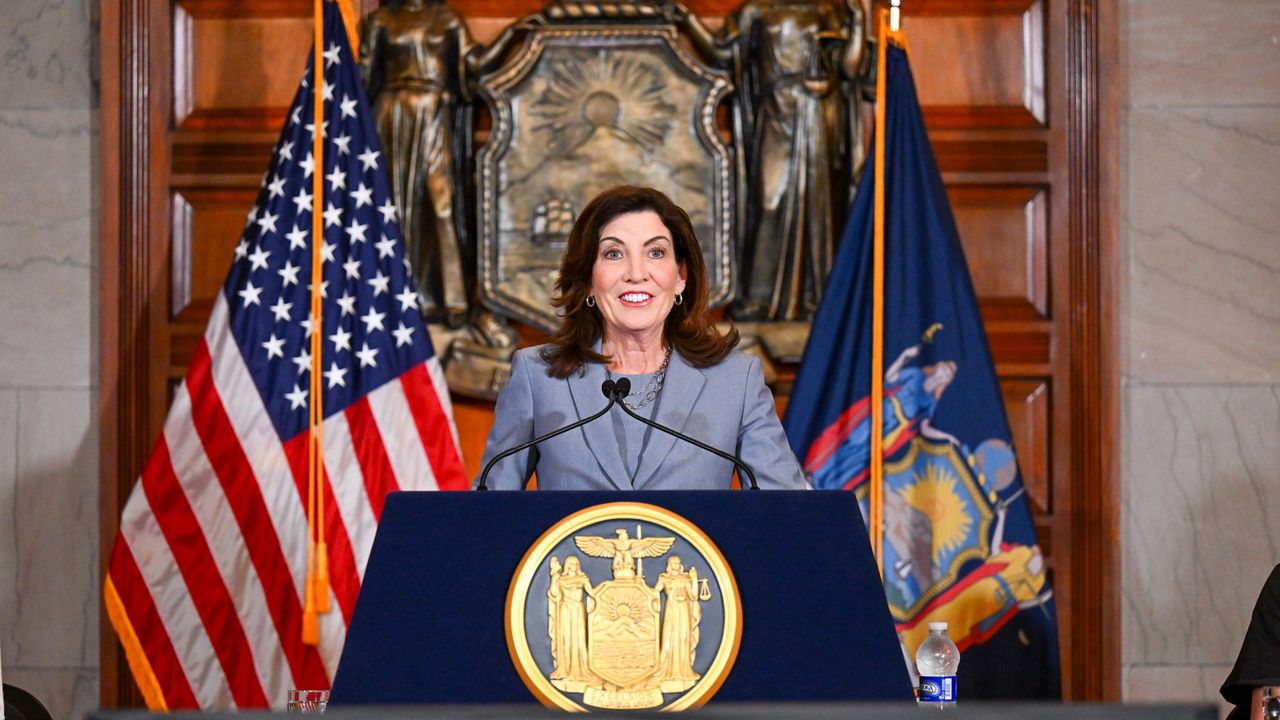 New York Gov. Kathy Hochul speaks to reporters about legislation passed during a special legislative session, in the Red Room at the state Capitol, Friday, July 1, 2022, in Albany, N.Y. (AP Photo/Hans Pennink)