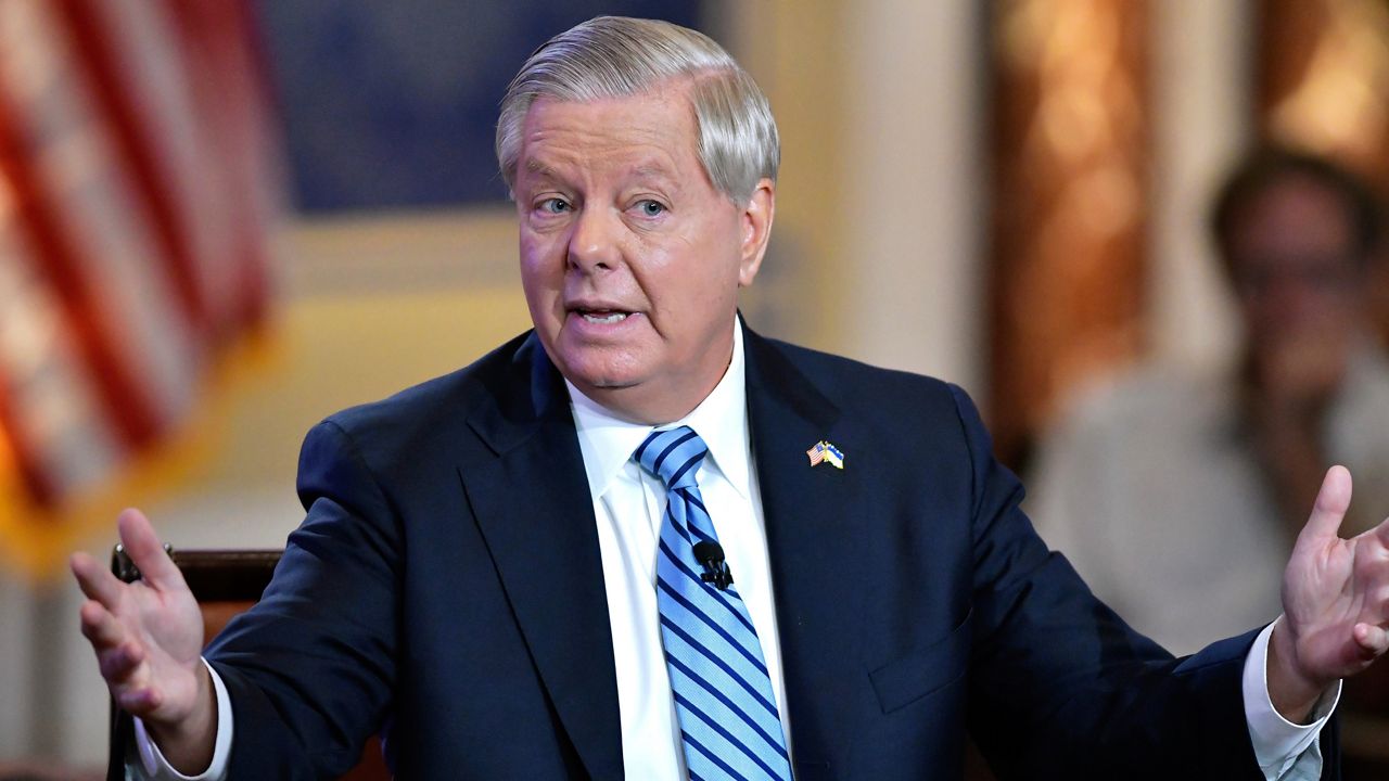 FILE - Sen. Lindsey Graham, R-S.C., speaks Monday, June 13, 2022, during a debate with Sen. Bernie Sanders, I-Vt, hosted by Fox News at the The Edward M. Kennedy Institute in Boston. (AP Photo/Josh Reynolds, File)