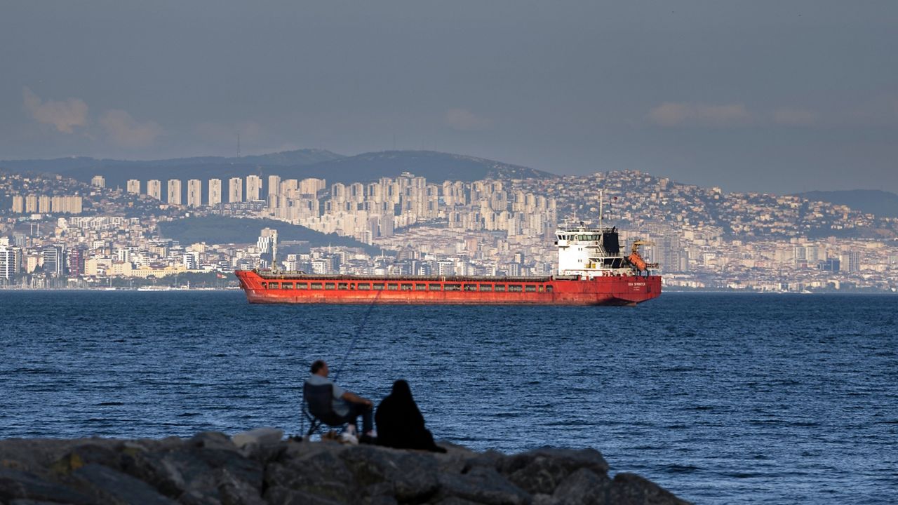 A family sit on a rock in front of a cargo ship anchors in the Marmara Sea awaits to access to cross the Bosphorus Straits in Istanbul, Turkey, on July 13, 2022. Turkish officials say a deal on a U.N. plan to unblock the exports of Ukrainian grain amid the war and to allow Russia to export grain and fertilizers will be signed Friday, July 22, 2022, in Istanbul. (AP Photo/Khalil Hamra, File)