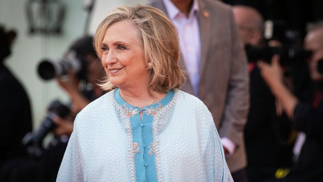 Hillary Clinton poses for photographers upon arrival at the premiere of the film 'White Noise' and the opening ceremony during the 79th edition of the Venice Film Festival in Venice, Italy, Wednesday, Aug. 31, 2022. (Photo by Vianney Le Caer/Invision/AP)