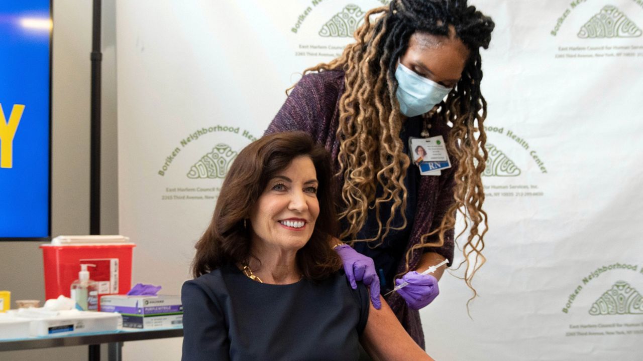 New York Gov. Kathy Hochul gets a second Pfizer booster shot on Monday, April 4, 2022 in Albany.