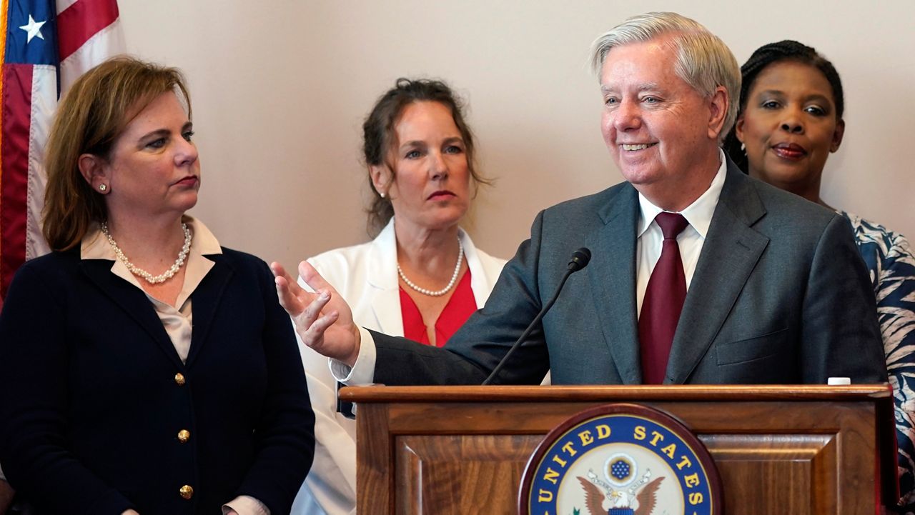 Sen. Lindsey Graham, R-S.C., speak during a news conference to discuss the introduction of the Protecting Pain-Capable Unborn Children from Late-Term Abortions Act on Capitol Hill, Tuesday, Sept. 13, 2022, in Washington. (AP Photo/Mariam Zuhaib)