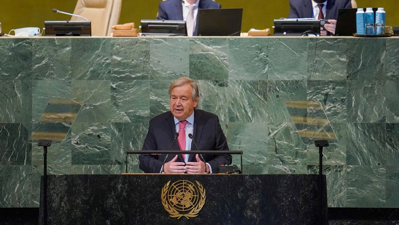 United Nations Secretary-General Antonio Guterres addresses the 77th session of the General Assembly at U.N. headquarters Tuesday, Sept. 20, 2022. (AP Photo/Mary Altaffer)