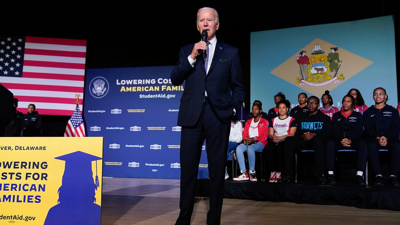 President Joe Biden speaks about student loan relief at Delaware State University, Friday, Oct. 21, 2022 in Dover, Del. (AP Photo/Laurence Kesterson)