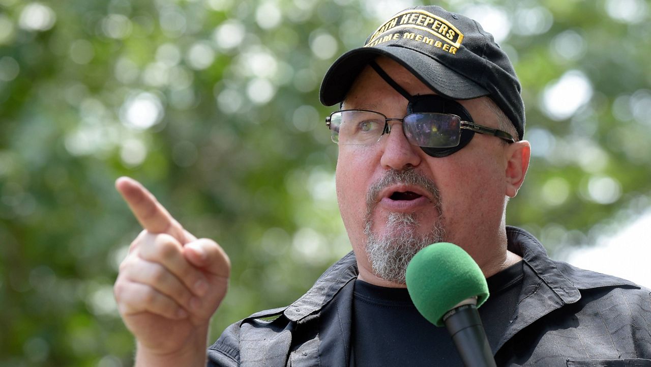 FILE - Stewart Rhodes, founder of the citizen militia group known as the Oath Keepers speaks during a rally outside the White House in Washington, on June 25, 2017. The seditious conspiracy trial against Rhodes and four associates is raising fresh questions about intelligence failures in the run-up to Jan. 6, 2021, that appear to have allowed Rhodes’ antigovernment group and other extremists to mobilize in plain sight. (AP Photo/Susan Walsh, File)