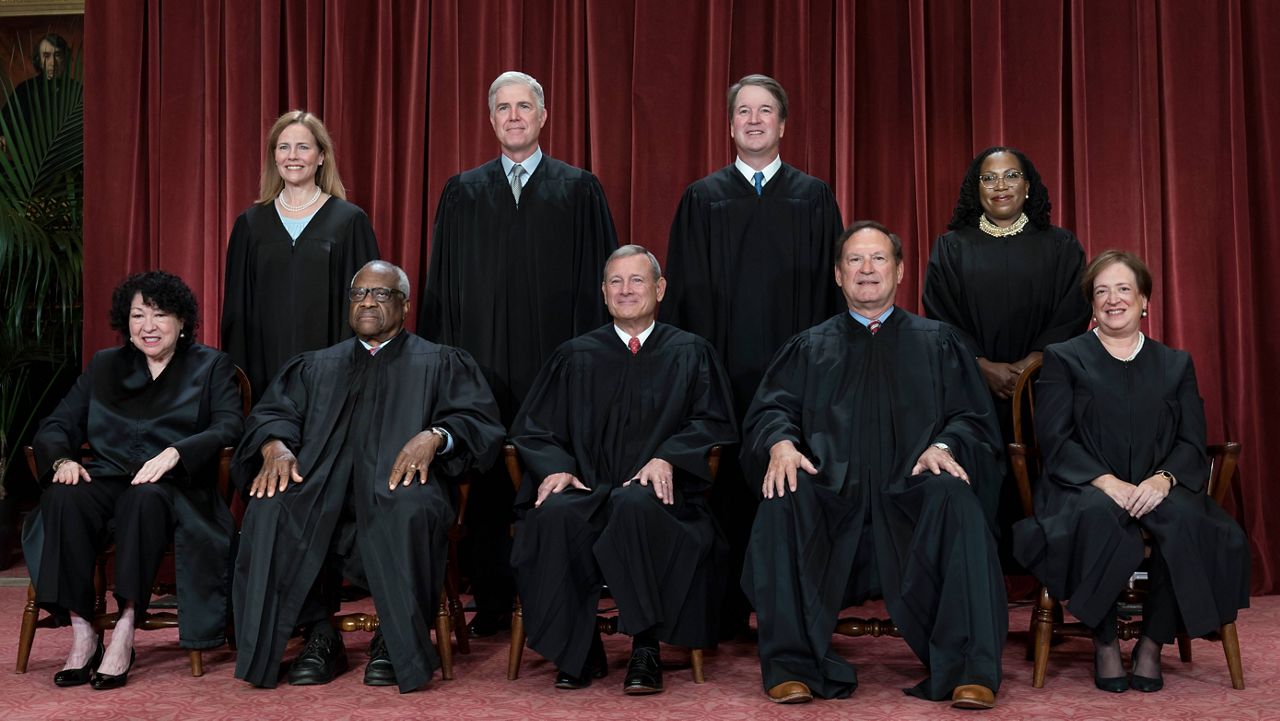 Members of the Supreme Court sit for a new group portrait following the addition of Associate Justice Ketanji Brown Jackson, at the Supreme Court building in Washington, Friday, Oct. 7, 2022. Bottom row, from left, Justice Sonia Sotomayor, Justice Clarence Thomas, Chief Justice of the United States John Roberts, Justice Samuel Alito, and Justice Elena Kagan. Top row, from left, Justice Amy Coney Barrett, Justice Neil Gorsuch, Justice Brett Kavanaugh, and Justice Ketanji Brown Jackson. (AP Photo/J. Scott Applewhite, File)