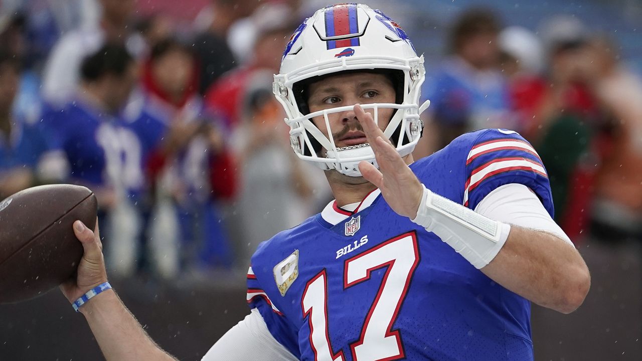 Buffalo Bills quarterback Josh Allen throws out the first pitch prior to  the first inning of a baseball game between The Toronto Blue Jays and New  York Yankees, Thursday, June 17, 2021