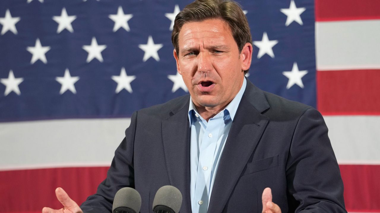 Republican Florida Gov. Ron DeSantis speaks during a campaign rally, Monday, Nov. 7, 2022, in Hialeah, Fla. (AP Photo/Lynne Sladky)