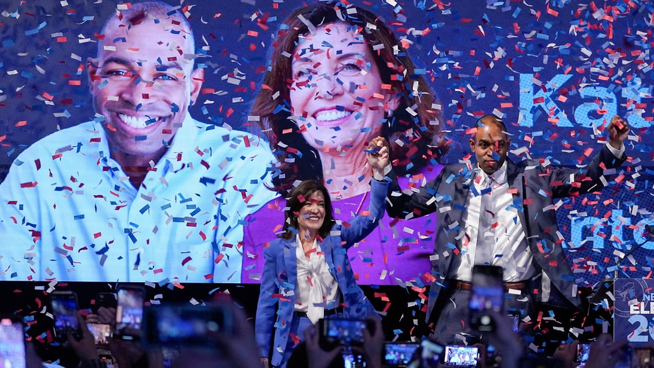 New York Gov. Kathy Hochul stands with Lt. Gov. Antonio Delgado during their election-night party Tuesday, Nov. 8, 2022, in New York. (AP Photo/Mary Altaffer)
