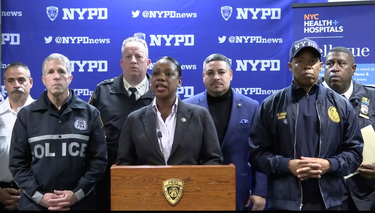New York City Police Commissioner Keechant Sewell addresses the media during a news conference on Saturday, Dec. 31, 2022. A man wielding a machete attacked three police officers at the New Year’s Eve celebration in New York City, authorities said, striking two of them in the head before an officer shot the man in the shoulder. The two officers were hospitalized, one with a fractured skull and the other with a bad cut, but expected to recover.  ((NYPD via AP)
