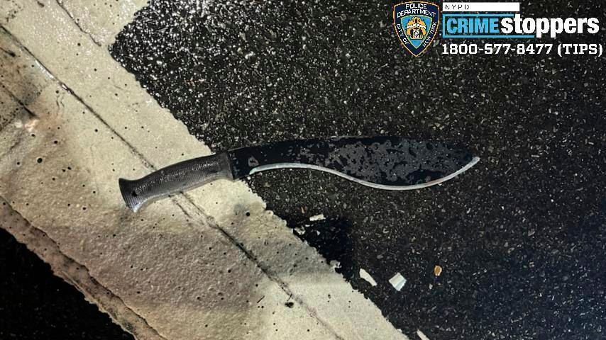 This photo provided by NYPD shows a weapon used to attack three NYPD police officers on Saturday, Dec. 31, 2022 in New York. Authorities in New York are investigating whether a man who attacked three police officers with a machete at a New Year’s Eve celebration, striking two of them, was inspired by radical Islamic extremism, according to a law enforcement official familiar with the matter. (NYPD via AP)