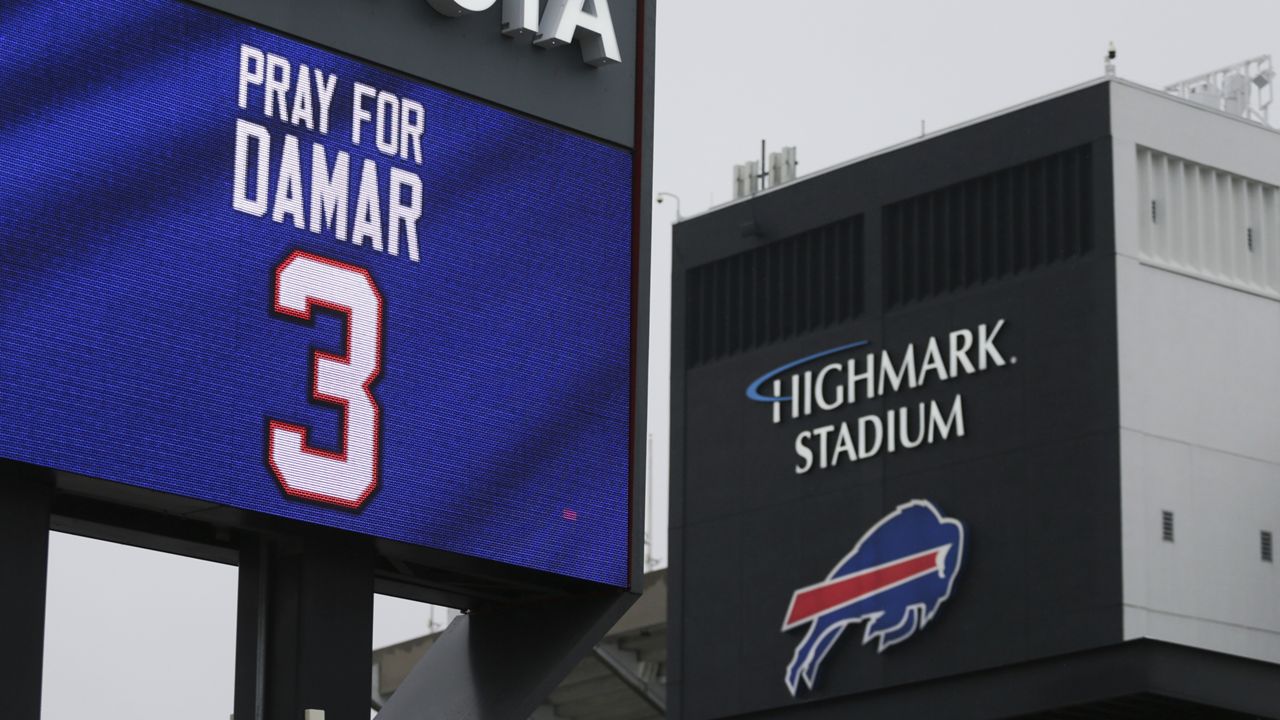 A sign shows support for Buffalo Bills safety Damar Hamlin outside Highmark Stadium on Tuesday, Jan. 3, 2023, in Orchard Park, N.Y. (AP Photo/Joshua Bessex)