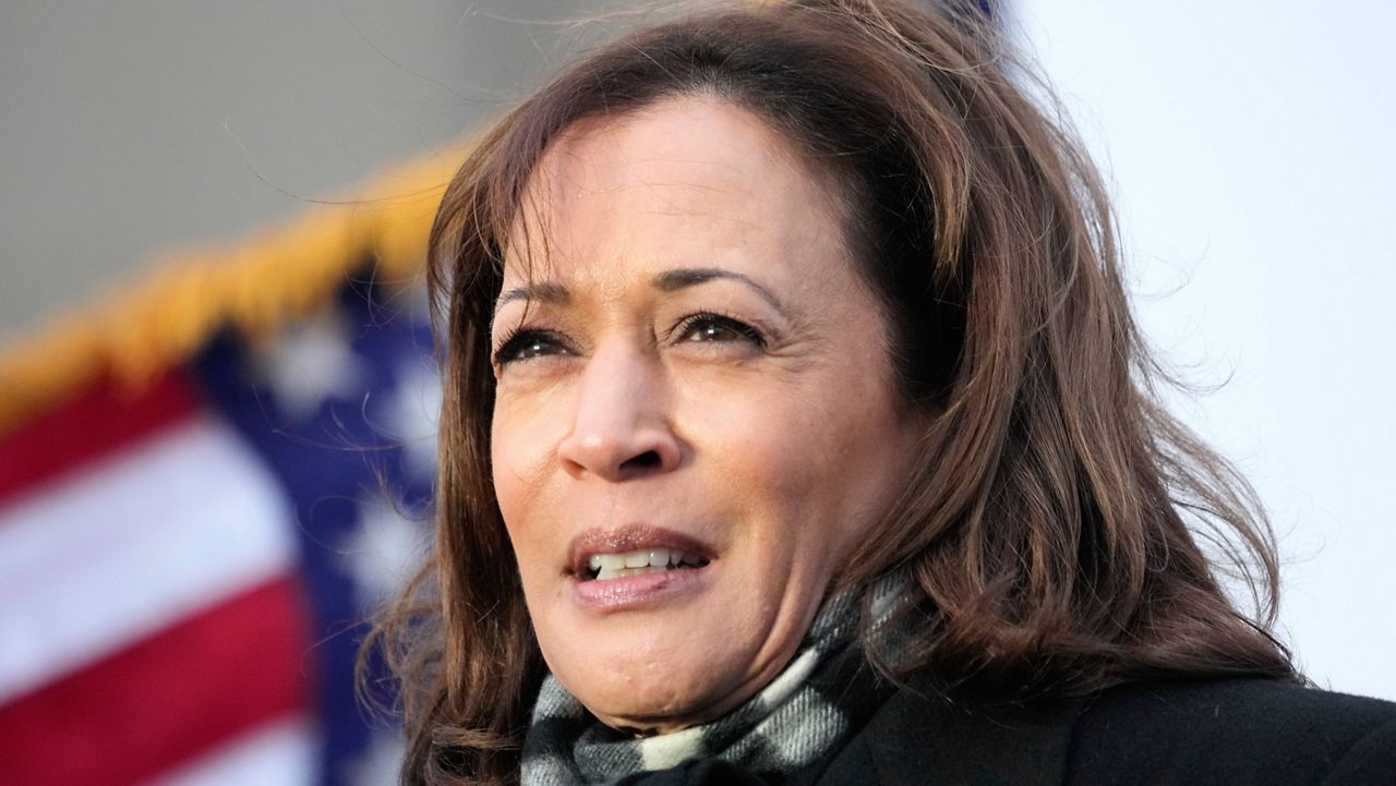 Vice President Kamala Harris addresses the crowd near the 95th Bridge over the Calumet River, Wednesday, Jan. 4, 2023, in Chicago. The bridge is one of four over the river that will be rehabilitated with federal funds. (AP Photo/Charles Rex Arbogast)