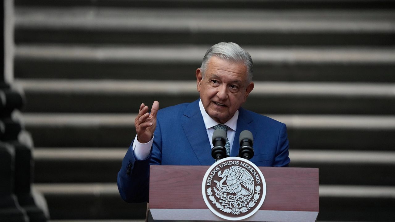 Mexican President Andres Manuel Lopez Obrador speaks during the North America Summit, at the National Palace in Mexico City, Tuesday, Jan. 10, 2023. (AP Photo/Fernando Llano)
