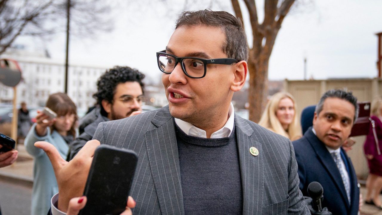 Rep. George Santos, R-N.Y., leaves a House GOP conference meeting on Capitol Hill in Washington, Jan. 25, 2023. (AP Photo/Andrew Harnik, File)