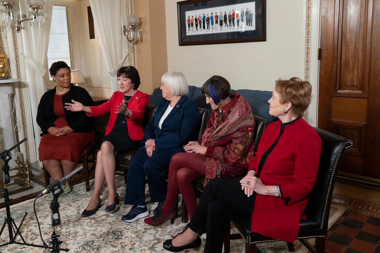 From left, Shalanda Young, the first Black woman to lead the Office of Management and Budget; Senate Appropriations Committee ranking member Sen. Susan Collins, R-Maine; Senate Appropriations Committee chair Sen. Patty Murray, D-Wash.; House Appropriations Committee ranking member Rep. Rosa DeLauro, D-Conn.; and House Appropriations chair Rep. Kay Granger, R-Texas, speak during an interview with The Associated Press at the Capitol in Washington, Thursday, Jan. 26. It's the first time in history that the four leaders of the two congressional spending committees are women. (AP Photo/Manuel Balce Ceneta)