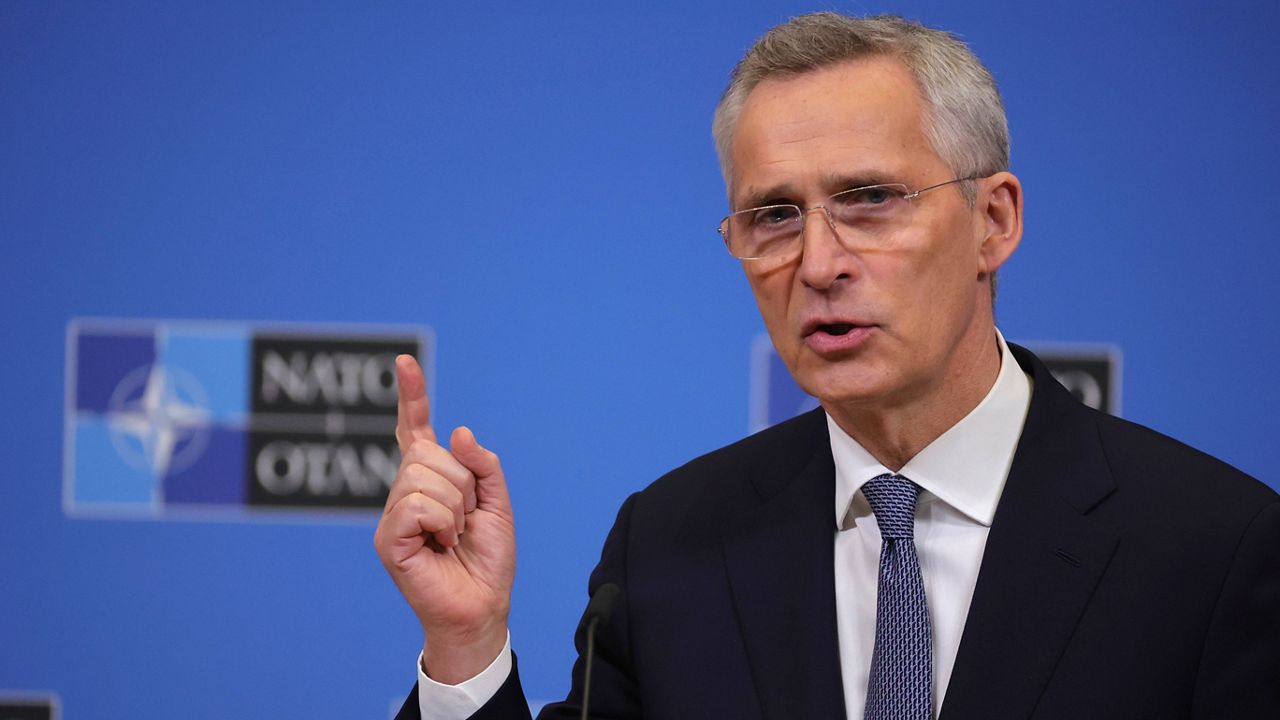 NATO Secretary-General Jens Stoltenberg speaks during a media conference ahead of a meeting of NATO defense ministers at NATO headquarters in Brussels, Monday, Feb. 13, 2023. (AP Photo/Olivier Matthys)