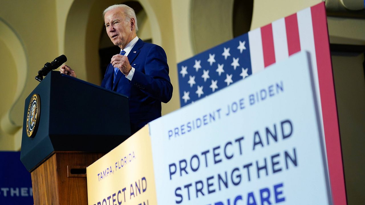 President Joe Biden speaks about his administration's plans to protect Social Security and Medicare and lower healthcare costs, Feb. 9, 2023, at the University of Tampa in Tampa, Fla. (AP Photo/Patrick Semansky)