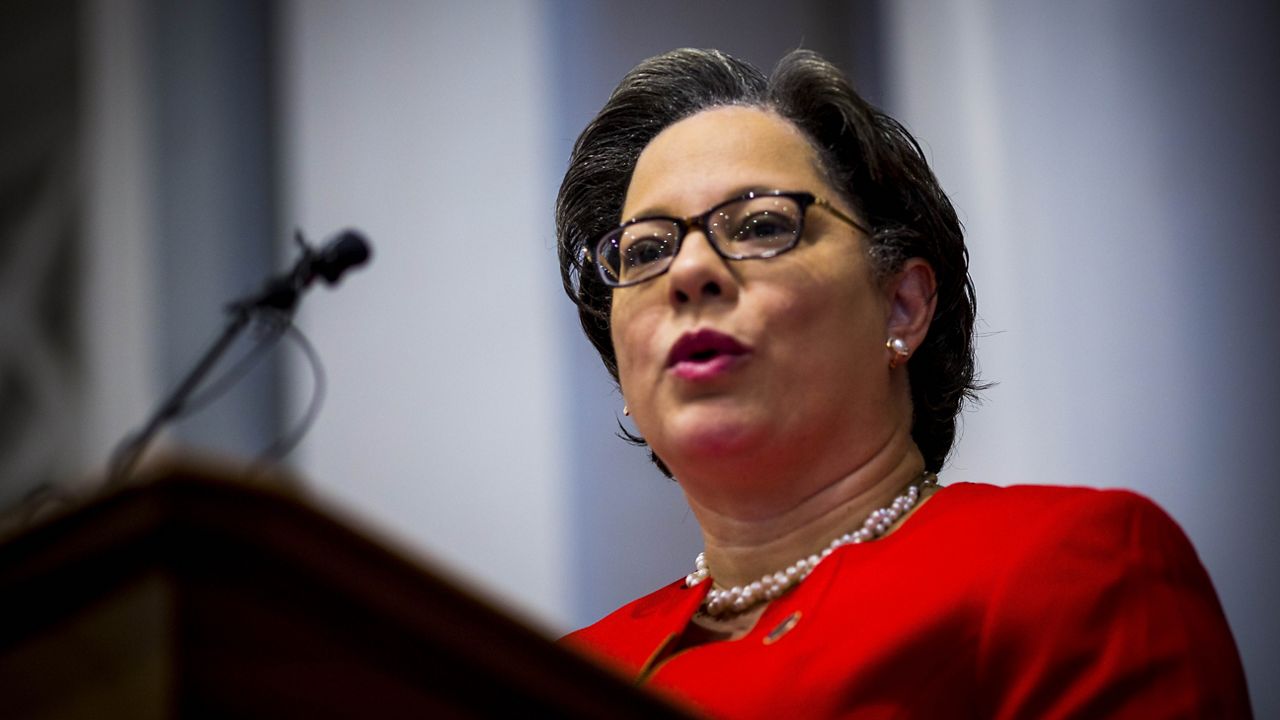 State Sen. Jennifer McClellan, D-Hanover, speaks at the Call for Action on Gun Safety at St. Paul's Episcopal Church on Friday, Jan. 13, 2023, in Richmond, Va. (AP Photo/John C. Clark)